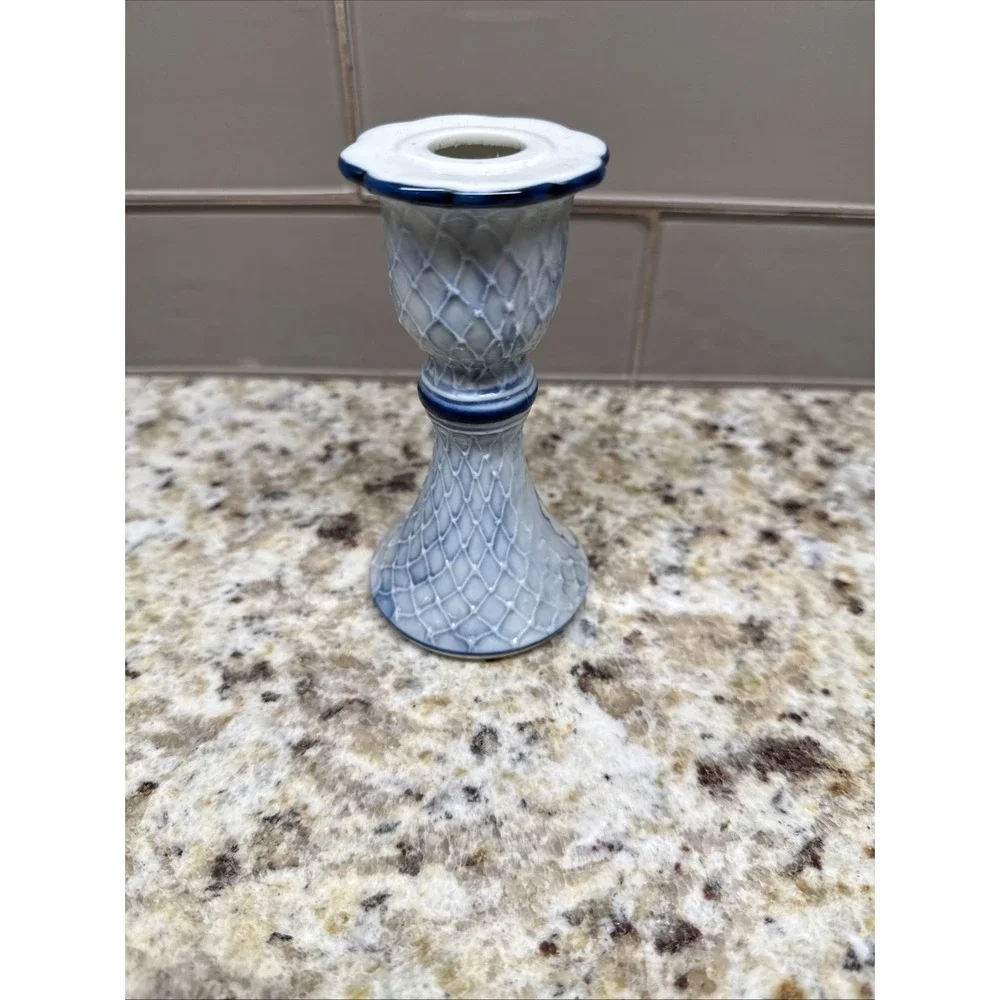 Vintage Blue White Delft Design Candlestick Holder 5 Inches blue felt bottom